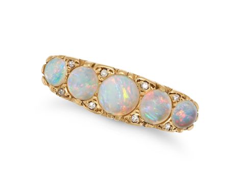 A VINTAGE OPAL AND DIAMOND RING in 18ct yellow gold, set with a row of round cabochon opals, accented by single cut diamonds,