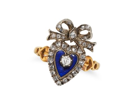 A DIAMOND AND ENAMEL SWEETHEART RING in yellow gold and silver, designed as a heart surmounted by a bow, set with old and ros