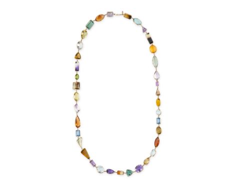 A GEMSET SAUTOIR NECKLACE in 18ct yellow gold, comprising a row of variously cut amethysts, citrines, light blue quartz, gree