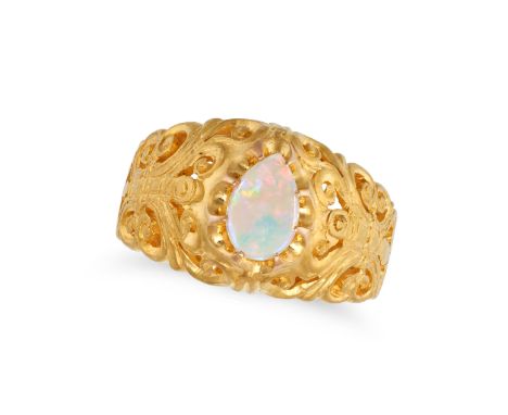 AN OPAL DRESS RING in yellow gold, set with a pear shaped cabochon opal on an openwork band, no assay marks, size M1/2 / 6.5,