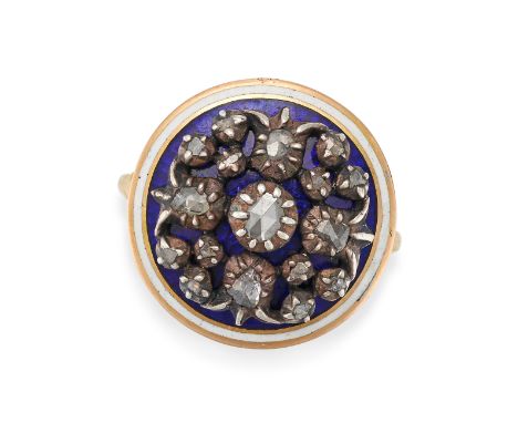 A DIAMOND AND ENAMEL DRESS RING in yellow gold and silver, the circular face set with rose cut diamonds on a blue enamel back