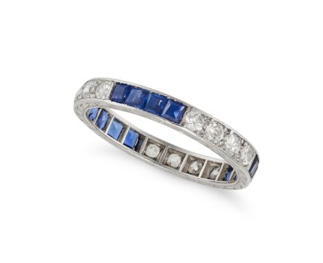 A SAPPHIRE AND DIAMOND FULL ETERNITY RING in platinum, set all around with groups of square step cut sapphires and round bril