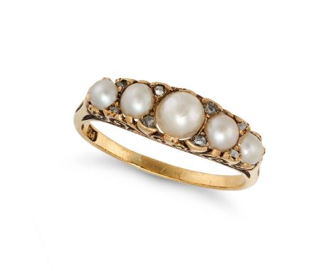 AN ANTIQUE PEARL AND DIAMOND RING in 18ct yellow gold, set with a row of five graduated half pearls accented by rose cut diam