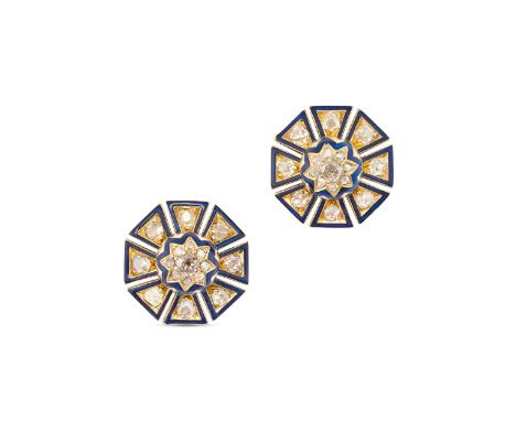 A PAIR OF ANTIQUE DIAMOND AND ENAMEL CLUSTER EARRINGS in yellow gold, set with a cluster of old and rose cut diamonds in a st