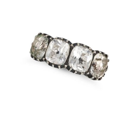 AN ANTIQUE BLACK DOT PASTE HALF HOOP RING in yellow gold and silver, set with four cushion cut black dot paste stones, no ass