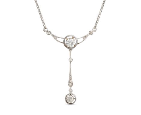 A VINTAGE DIAMOND LAVALIER PENDANT NECKLACE in platinum, set with old and rose cut diamonds suspending a row of single and ol