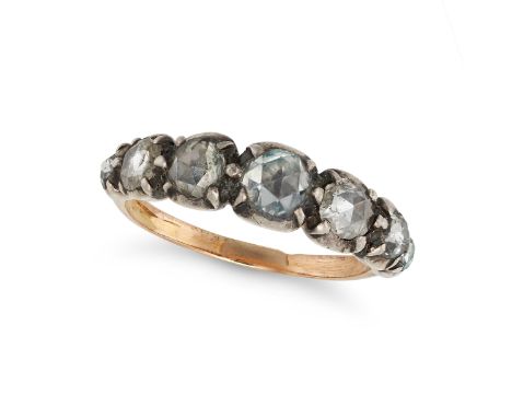 AN ANTIQUE FIVE STONE DIAMOND RING in yellow gold and silver, set with a row of rose cut diamonds, inscribed '29/7 38 / 83 Ge