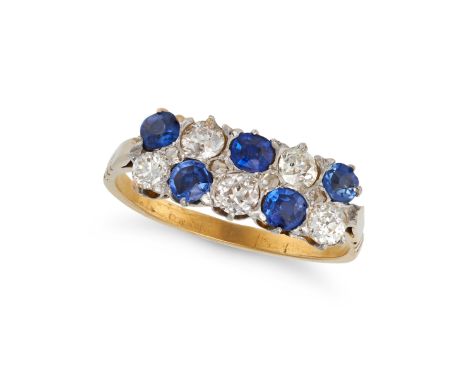 A SAPPHIRE AND DIAMOND CHECKERBOARD RING in 18ct yellow gold, set with two rows of alternating round cut sapphires and old cu