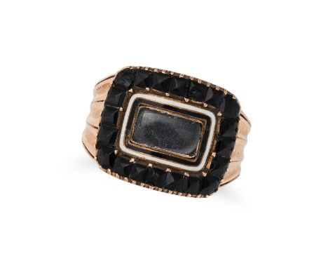 AN ANTIQUE JET AND ENAMEL MOURNING BROOCH in 14ct rose gold, set with a rectangular glass locket panel containing hairwork in