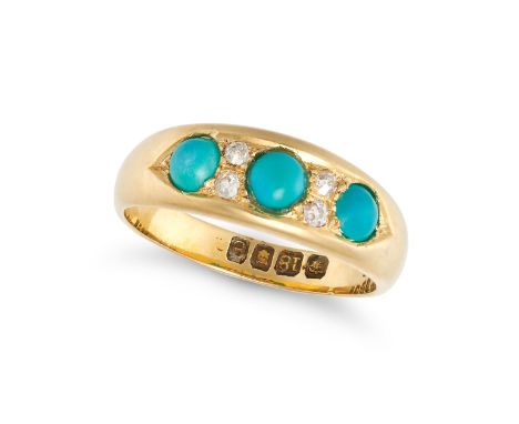 AN ANTIQUE TURQUOISE AND DIAMOND RING in 18ct yellow gold, set with three round cabochon turquoise accented by pairs of old c