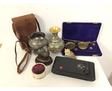A mixed lot including a Kodak camera, a cloisonne vase, a set of scales etc. (a lot)