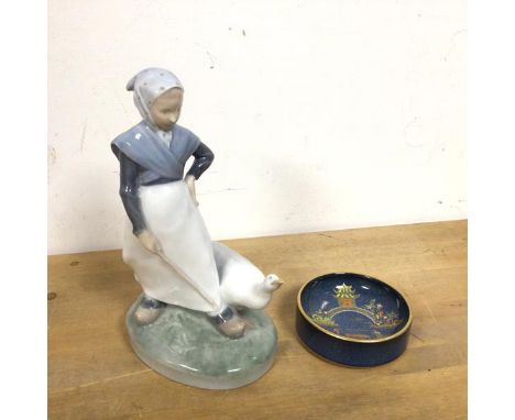 A Royal Copenhagen figure of a Girl and Goose (19cm) and a Carltonware dish (2)