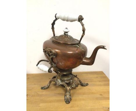 An early 20thc copper and brass kettle on stand (40cm)