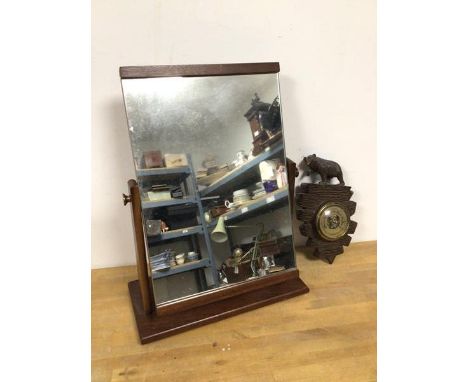 A mid century teak hinged dressing table mirror (44cm x 32cm x 15cm) and a wall barometer with a bear surmount (2)