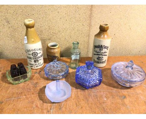 A mixed lot including two early 20thc soda bottles including R Douglas, Ginger Beer, Kirkcaldy and Ladybank (20cm), and a Rob