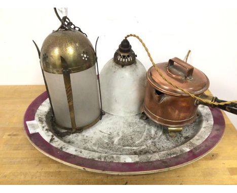 A mixed lot including a brass effect and frosted glass hall lantern (33cm), a ceiling light, a copper footed pot, an ashet (a