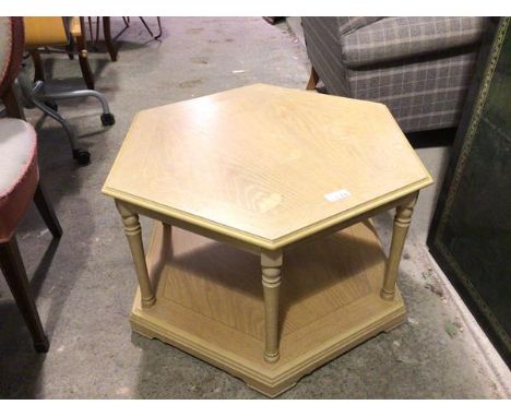 A light oak modern octagonal coffee table, with turned supports united by lower tier, on shaped plinth feet (45cm x 81cm)