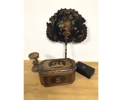 A mixed lot including a Sorento ware tea caddy (a/f), the hinged lid inscribed to interior (12cm x 23cm x 13cm), a painted fa