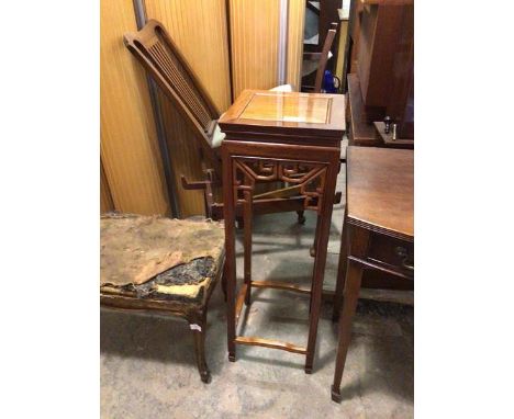 A Chinese plant stand with chanelled square top above a pierced apron, on straight supports united by stretchers (92cm x 30cm