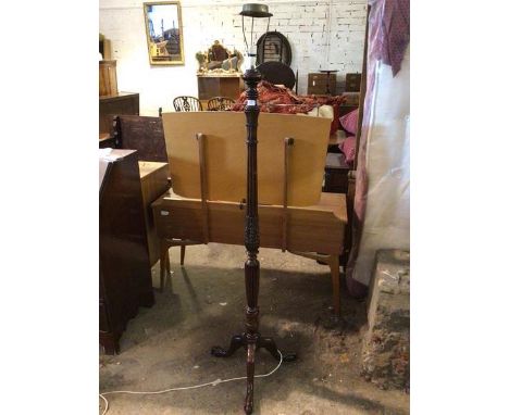 A 19thc style floor lamp with reeded and carved stem on tripod support ending in ball and  claw feet (176cm)