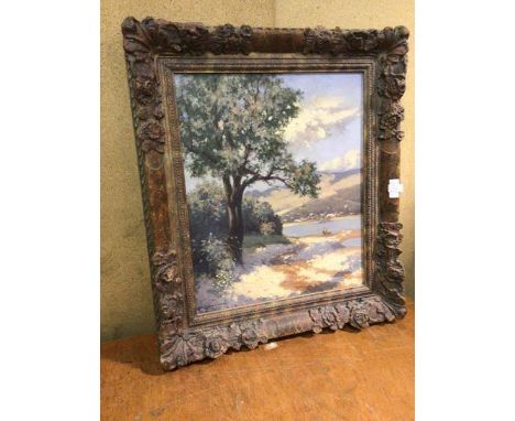 Charles R Dowell RSW., (d.1935),  Landscape with Figures by a Lake, oil, signed bottom left, paper label verso (59cm x 49cm)