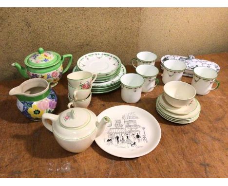 A mixed lot of china, including an Alfred Meakin decorative plate with Parisien street scene, teacups and saucers, two teapot