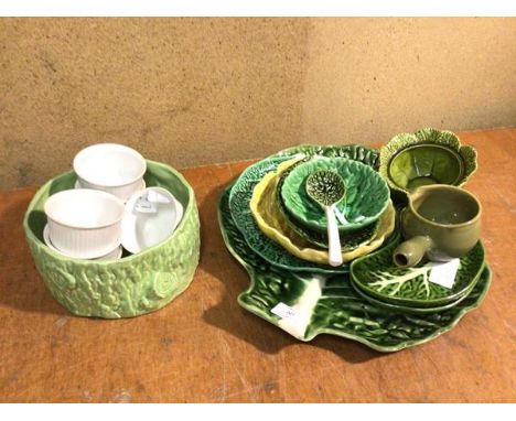 A group of majolica, some stamped made in Portugal, including a cabbage leaf serving dish (38cm x 36cm), serving bowl with sp