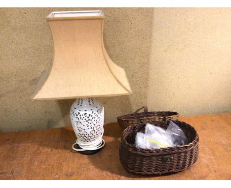 A Chinese pierced ceramic table lamp (49cm to top of shade), a wicker fishing creel with quantity of buttons (a lot)