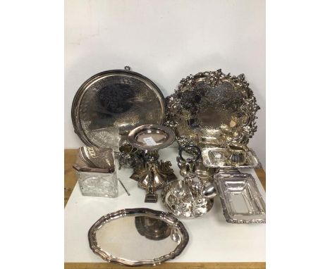 A collection of Epns including a tripod dish with three hippocampus supports (17cm x14cm), two salvers, a glass biscuit barre