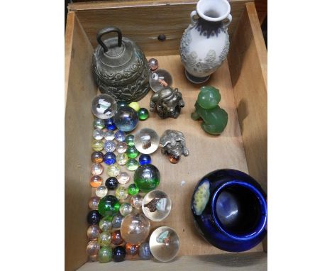 Box of Collectables - Marbles, Brass Bell and Lladro Vase 