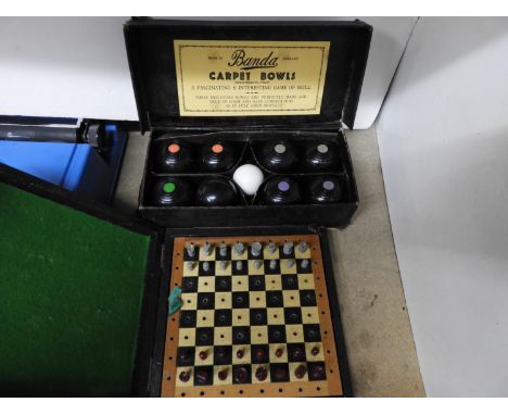 Vintage Travel Chess Set, Carpet Bowls etc 