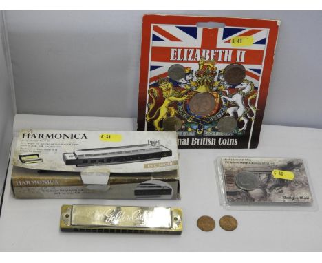 Commemorative Coins, Harmonica etc 