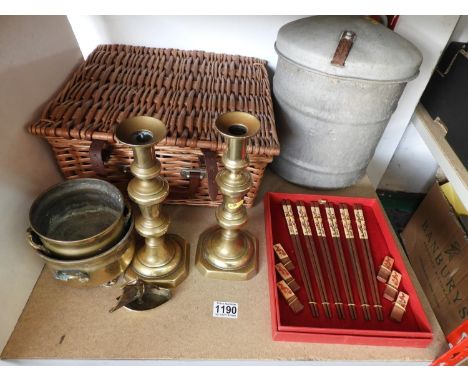 Pair of Brass Candle Sticks, Hamper etc 