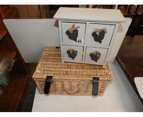 Wicker Hamper and Small Set of Drawers 