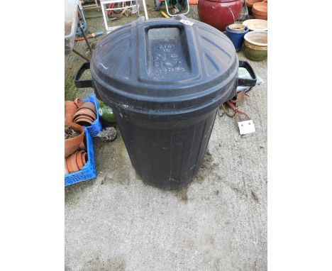 Plastic Lidded Dustbin and Contents - Garden Hand Tools etc 