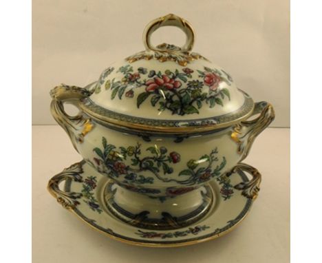 A PEARLWARE "CHINESE TREE" DESIGN SOUP TUREEN with stand, cover and ladle 