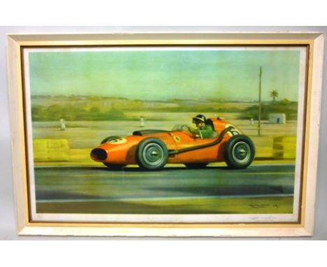 AFTER ROY HOCKOLDS A study of a vintage Ferrari racing car depicting Mike Hawthorn at The Moroccan Grand Prix in 1958, a sign