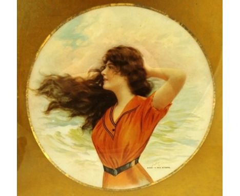 A FIRST QUARTER 20TH CENTURY COLOURED PRINT of a Maiden with flowing hair in an orange dress, numbered 4302 and titled "A Sea