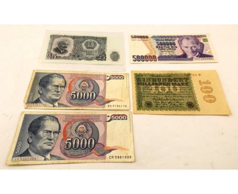 A SELECTION OF FIVE EUROPEAN BANK NOTES; Germany 1923, Millionen Mark, Turkey 1990's 500,000 Lira, Yugoslavia 1980's 5,000 Di