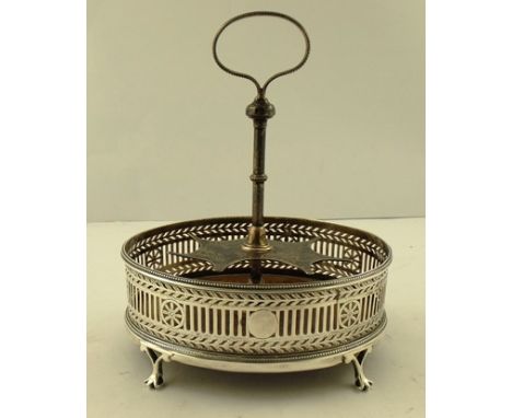 HENRY WILKINSON & CO. A VICTORIAN SILVER CRUET, having oval tray with applied bead decoration and fretted surround, raised on