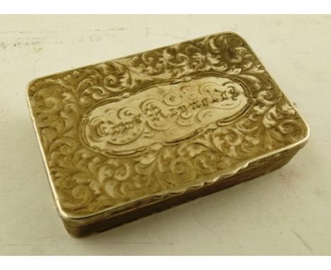 NO HALLMARKS A GEORGIAN SILVER/OR SILVER PLATE RECTANGULAR SNUFF BOX, with foliate engraving top and base, the cartouche on t