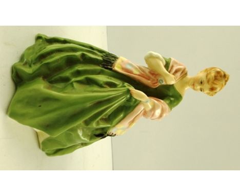 A ROYAL WORCESTER BONE CHINA FIGURE "FIRST DANCE" a fair haired young lady in green dress with pink shawl, 19.5cm high 