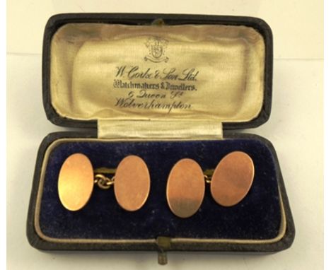 A PAIR OF 9CT ROSE GOLD PLAIN OVAL CUFFLINKS in presentation case 