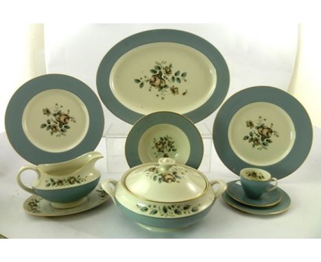 A ROYAL DOULTON BONE CHINA DINNER SERVICE "ROSE ELEGANS" comprising twelve dessert/soup bowls, twelve 10.5" plates, eleven co