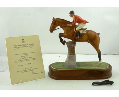 A ROYAL WORCESTER BONE CHINA MODEL "Foxhunter & Lt. Col. H.M. Llewellyn CBE" horse and rider taking a brush fence, modelled b