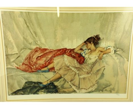 AFTER SIR WILLIAM RUSSELL FLINT A reclining woman wearing blue ballet pumps, a limited edition colour print no.677/850 with b