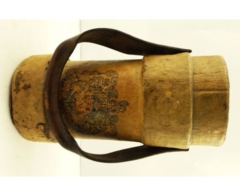 A LATE GEORGIAN CANVAS POWDER FLASK with crest to front and up-over leather handle, 35cm high 