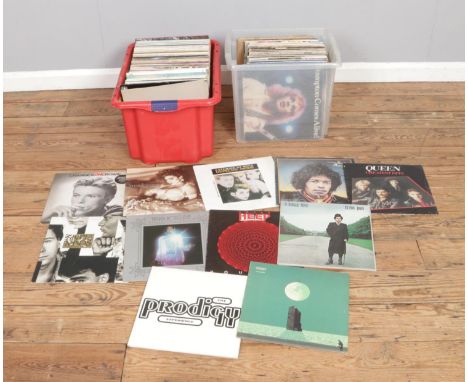 Two boxes of assorted vinyl records of mainly rock and pop to include Madonna, David Bowie, Depeche Mode, Jimi Hendrix, Queen