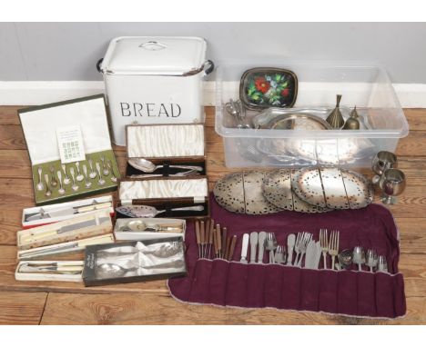 A box of metalware, including vintage enamel bread tin with lid, Raimond silverplate trivet hot plates, silverplate trays, br