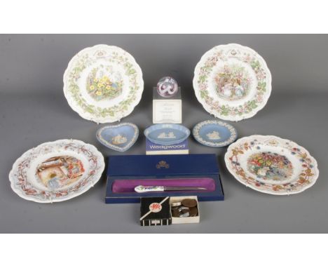 A group of collectables, including a box of vintage coins, Royal Doulton "Brambley Hedge" four seasons plates, Wedgwood Jaspe